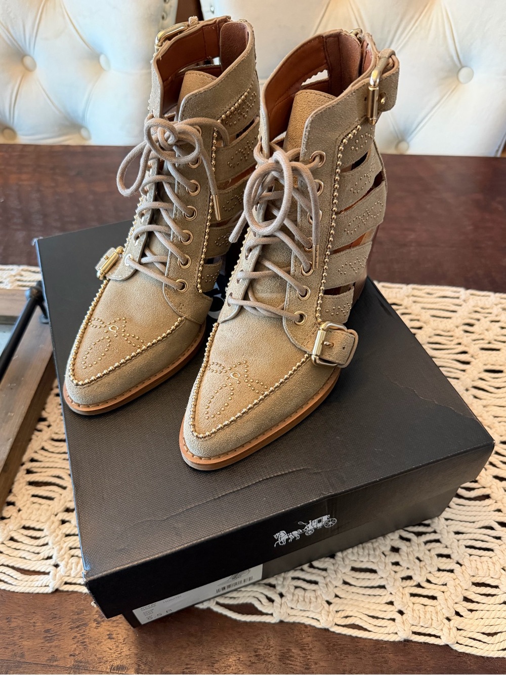 Coach Paisley Suede Boots in Oat/Gold - 5.5B